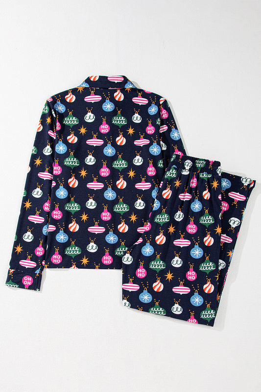 Navy Blue Colourful Christmas Lights Print Shirt and Trousers Pyjamas Set