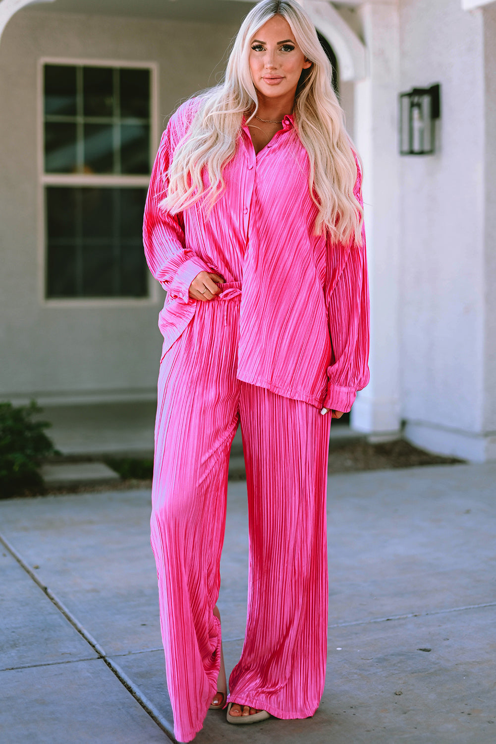 Rose Pleated Long Sleeve Shirt and Wide-Leg Trousers Set