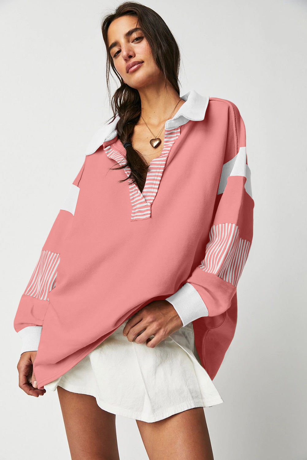 Sail Blue Striped Colourblock Patchwork Collar Sweatshirt