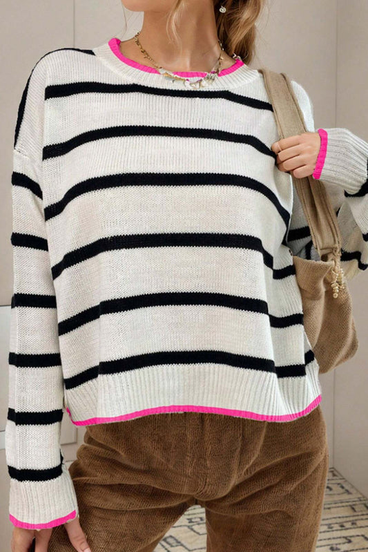 White Stripe Colour Contrast Drop Shoulder Crew Neck Sweater