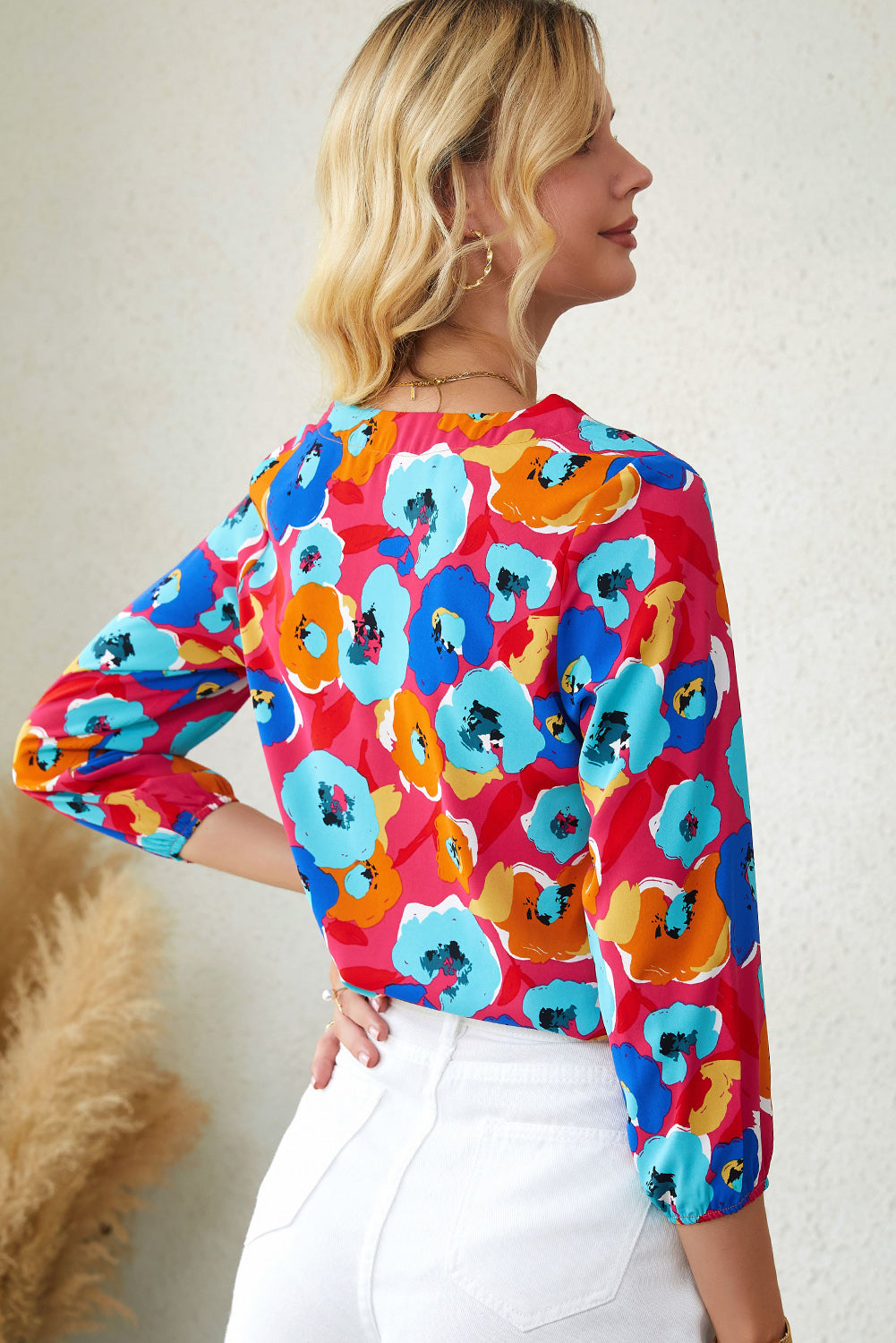 Rose Multicolor Floral Print V Neck 3/4 Sleeve Blouse