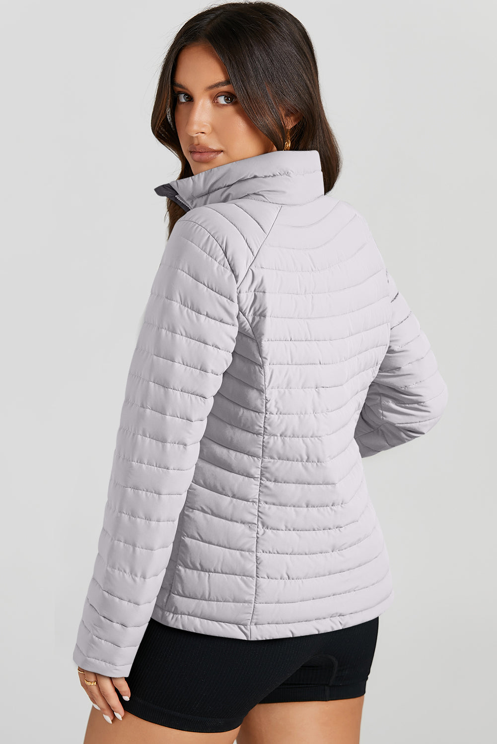 Silvery Solid Colour Quilted Zip-up Puffer Jacket