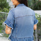 Peacock Blue Raw Edge Ruffled Short Sleeve Denim Jacket