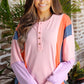 Pink Colorblock Long Sleeve Buttons Henley Top