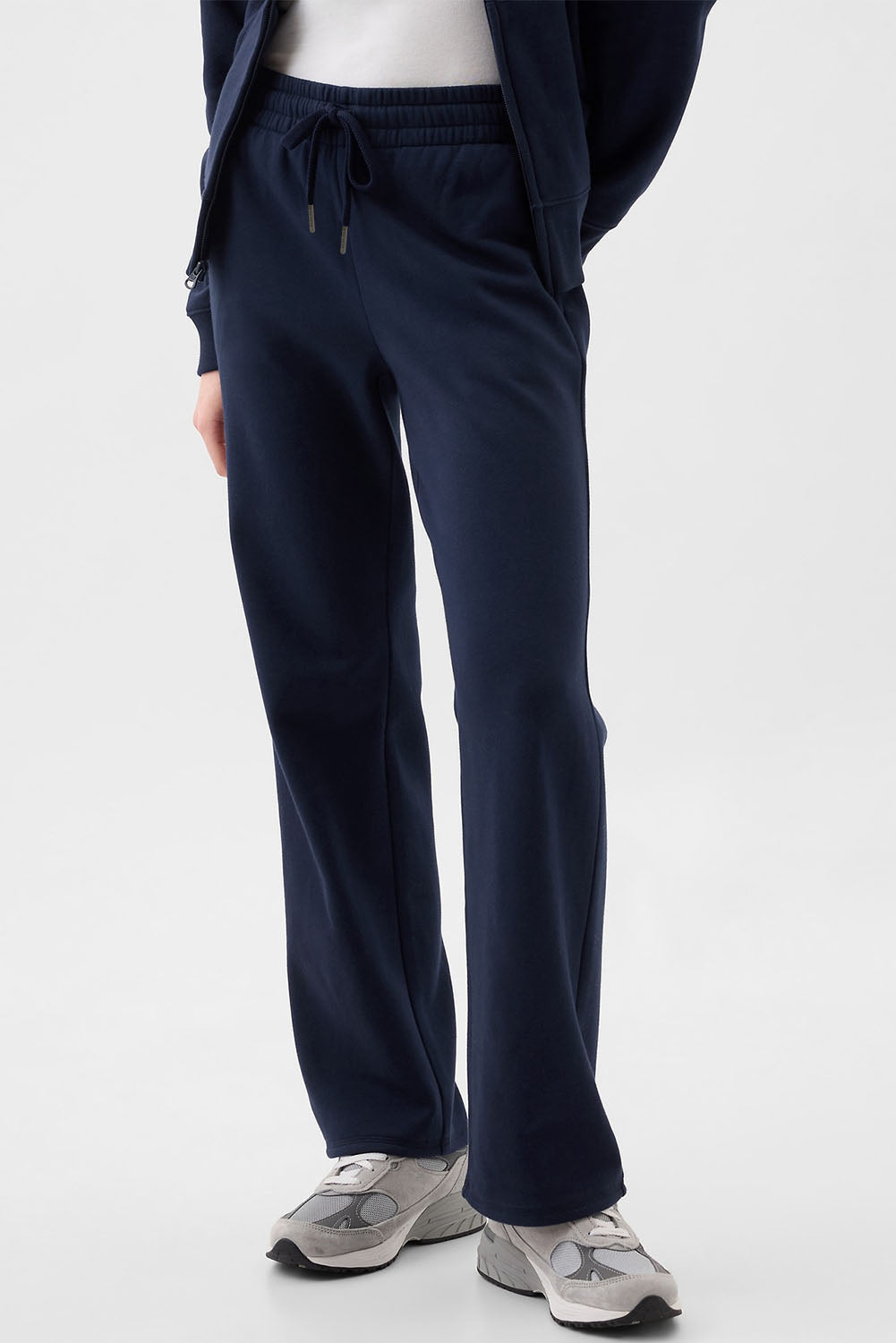 Navy Blue Solid Colour Fleece Lined Drawstring Waist Casual Trousers