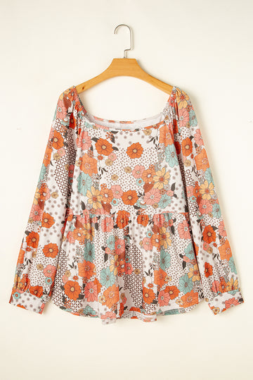 Khaki Plus Size Flower Print Square Neck Peplum Blouse