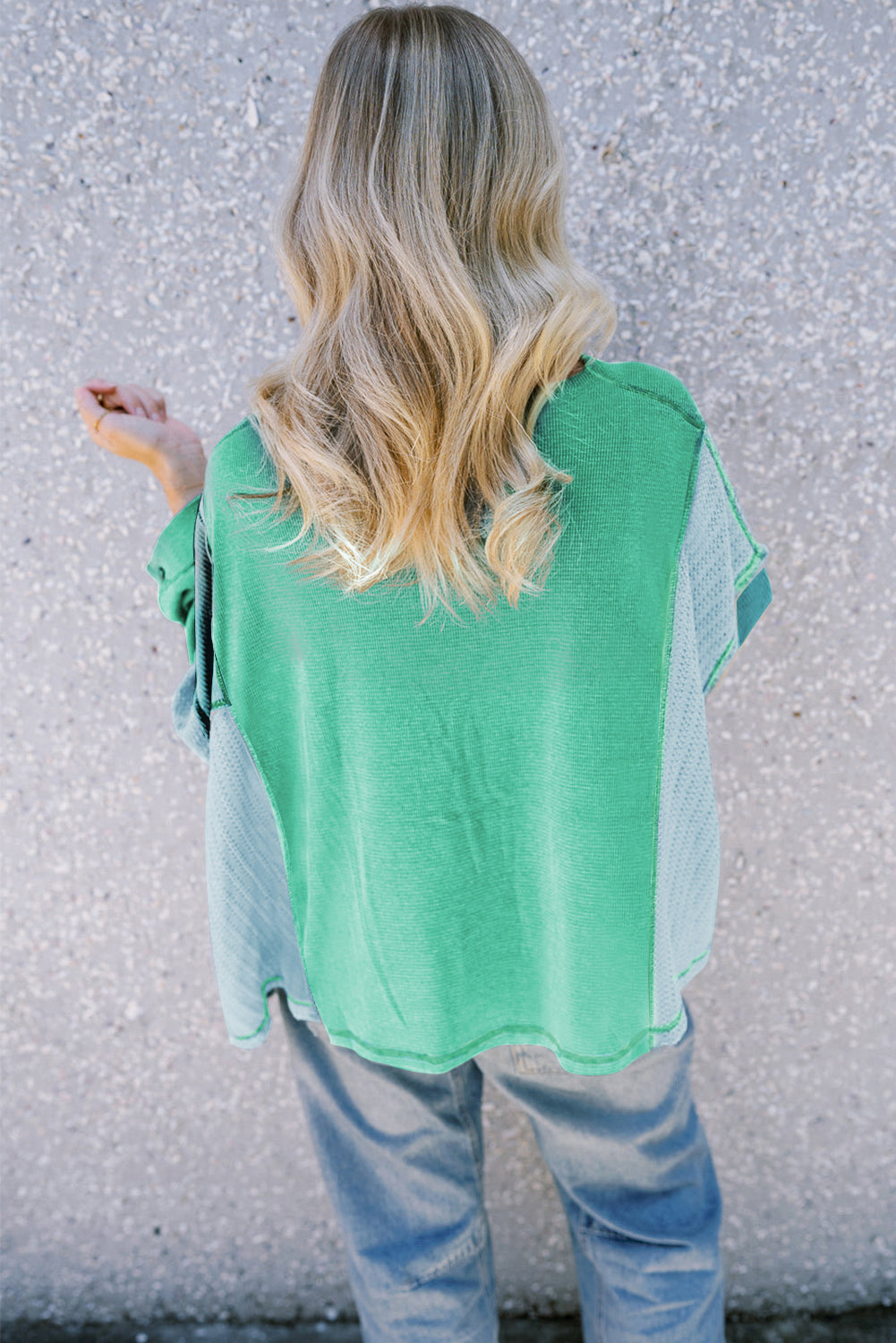 Green Colourblock Stitching Patchwork Buttoned Long Sleeve Top