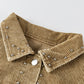 Apricot Studded Buttoned Chest Pockets Corduroy Jacket