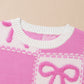 Pink Bow Knot Two Tone Checkered Crew Neck Sweater