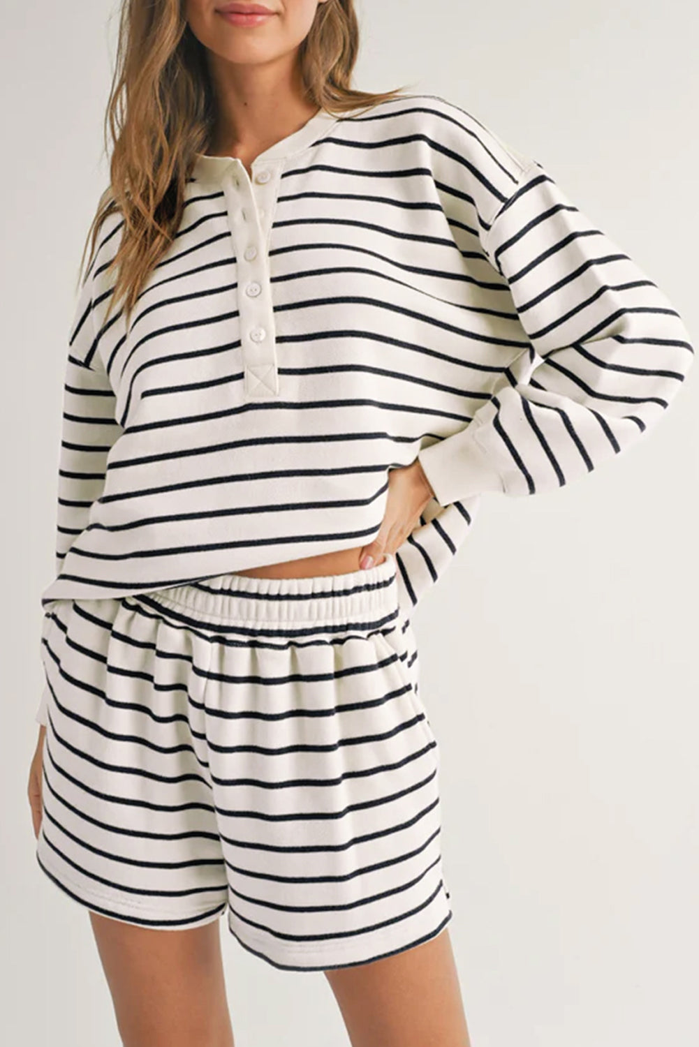 Black white Stripes Printed Half Button Long Sleeve Top and Shorts Set