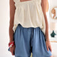 Dusk Blue Drawstring Elastic Waist Wide Leg Denim Shorts