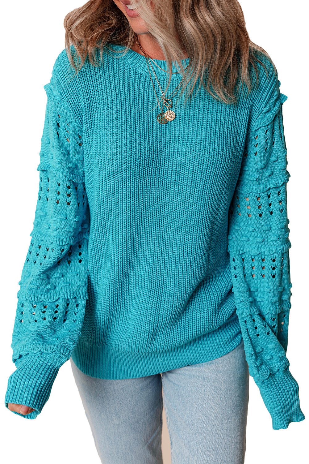 Turquoise Ruffled Eyelet Bubble Sleeve Sweater