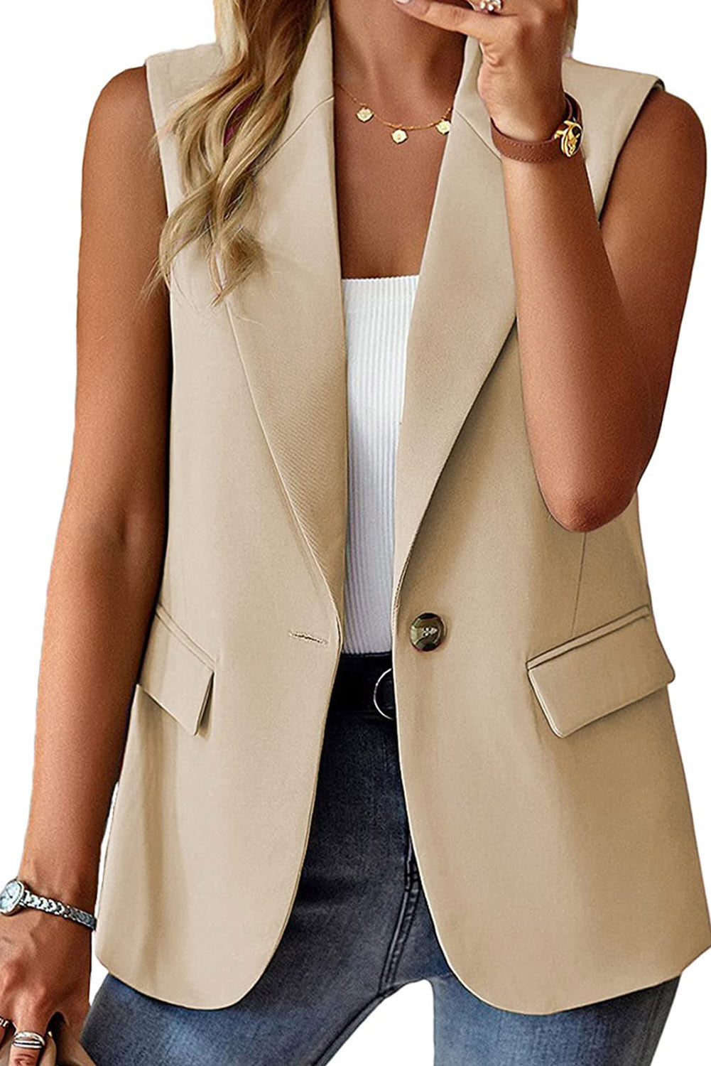 Apricot Single Button Pocketed Lapel Sleeveless Blazer