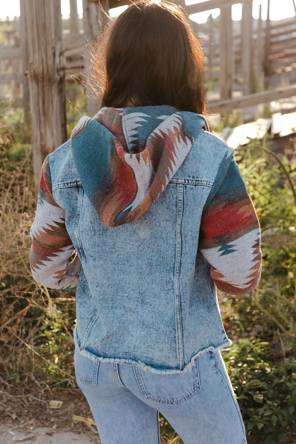 Multicolour Aztec Print Frayed Hem Denim Jacket