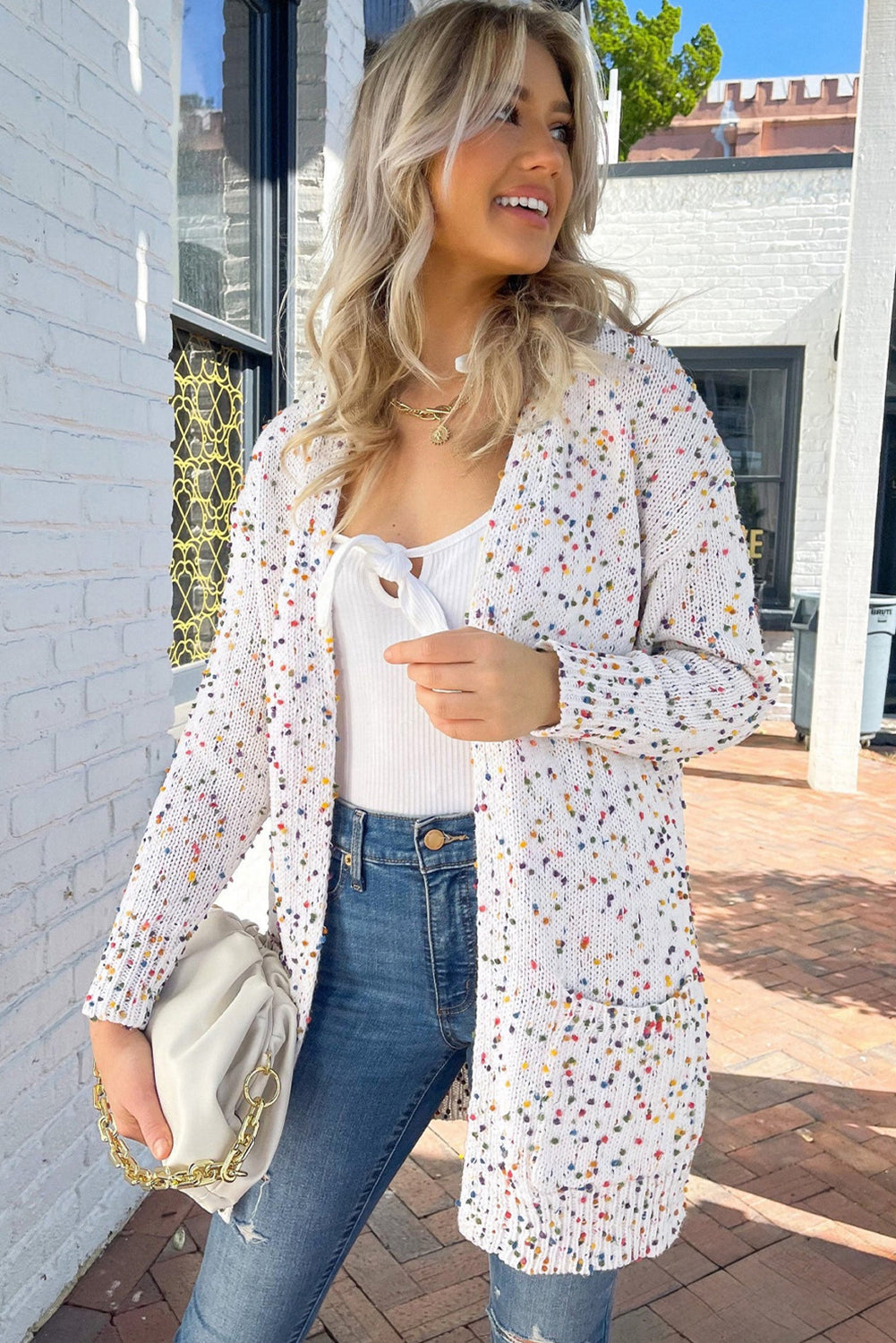 White Multicolour Dotted Rib Knit Long Sleeve Cardigan