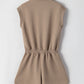 Dark Khaki Textured Short Sleeve Half Zip Drawstring Waist Romper