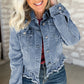 Beau Blue Ruffle Raw Hem Flap Pockets Denim Jacket