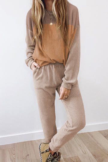 Khaki Corded 2pcs Colorblock Pullover and Pants Outfit