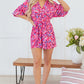 Pink Abstract Print Puff Sleeve V Neck High Waist Romper