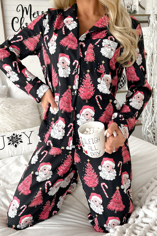 Black Christmas Santa Printed Two Piece Pyjamass Set