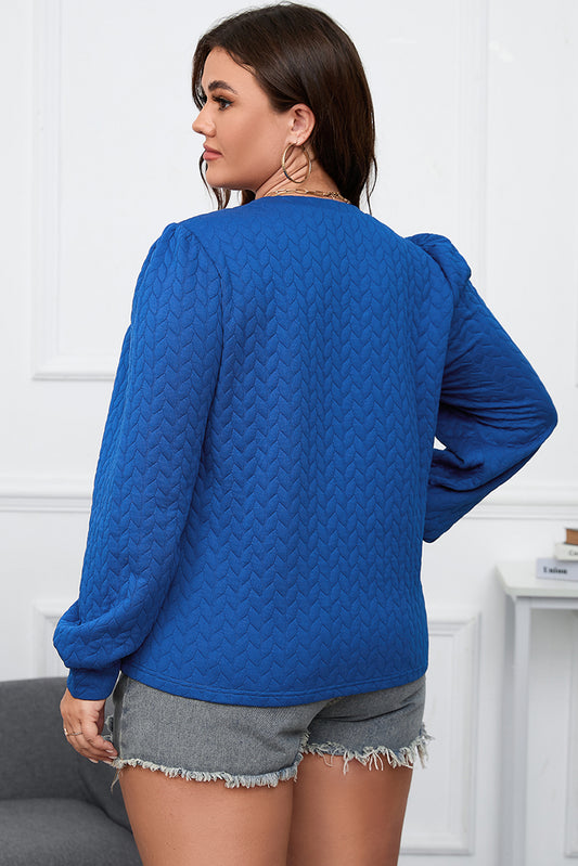 Dark Blue Cable Pattern Puff Sleeve Plus Size Top