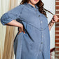 Light Blue Ruffled 3/4 Sleeve Buttoned Front Plus Size Denim Dress