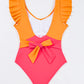 Vitality Orange Color Block Ruffled Knotted Backless One Piece Swimsuit