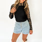 Black Floral Lace Patchwork Long Sleeve High Neck Slim Top