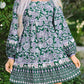 Green Floral Print Piping Trim Bubble Sleeve Square Neck Dress