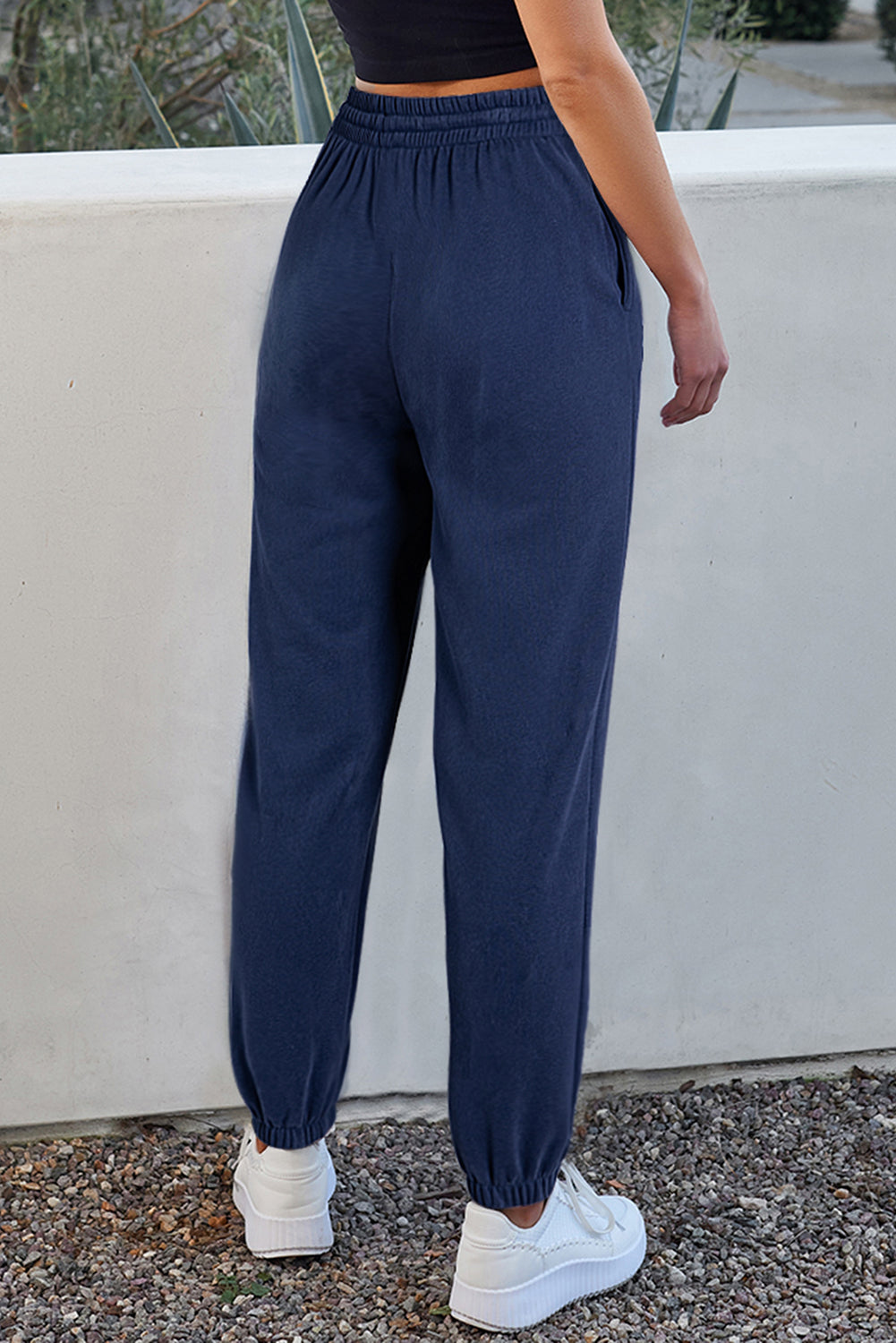 Navy Blue Solid Colour Fleece Lined Drawstring Waist Joggers