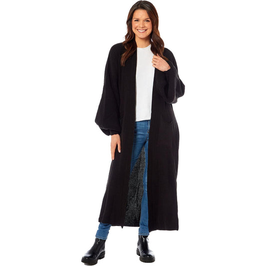 Oversized Long Cardigan Balloon Sleeve Chunky Rib Open Knit Pockets