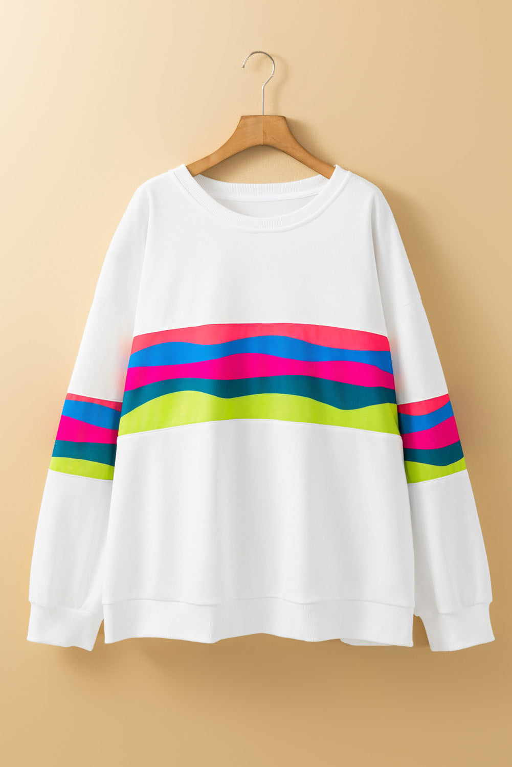 White Plus Size Colourful Striped Drop Shoulder Loose Sweatshirt