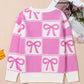 Pink Bow Knot Two Tone Checkered Crew Neck Sweater