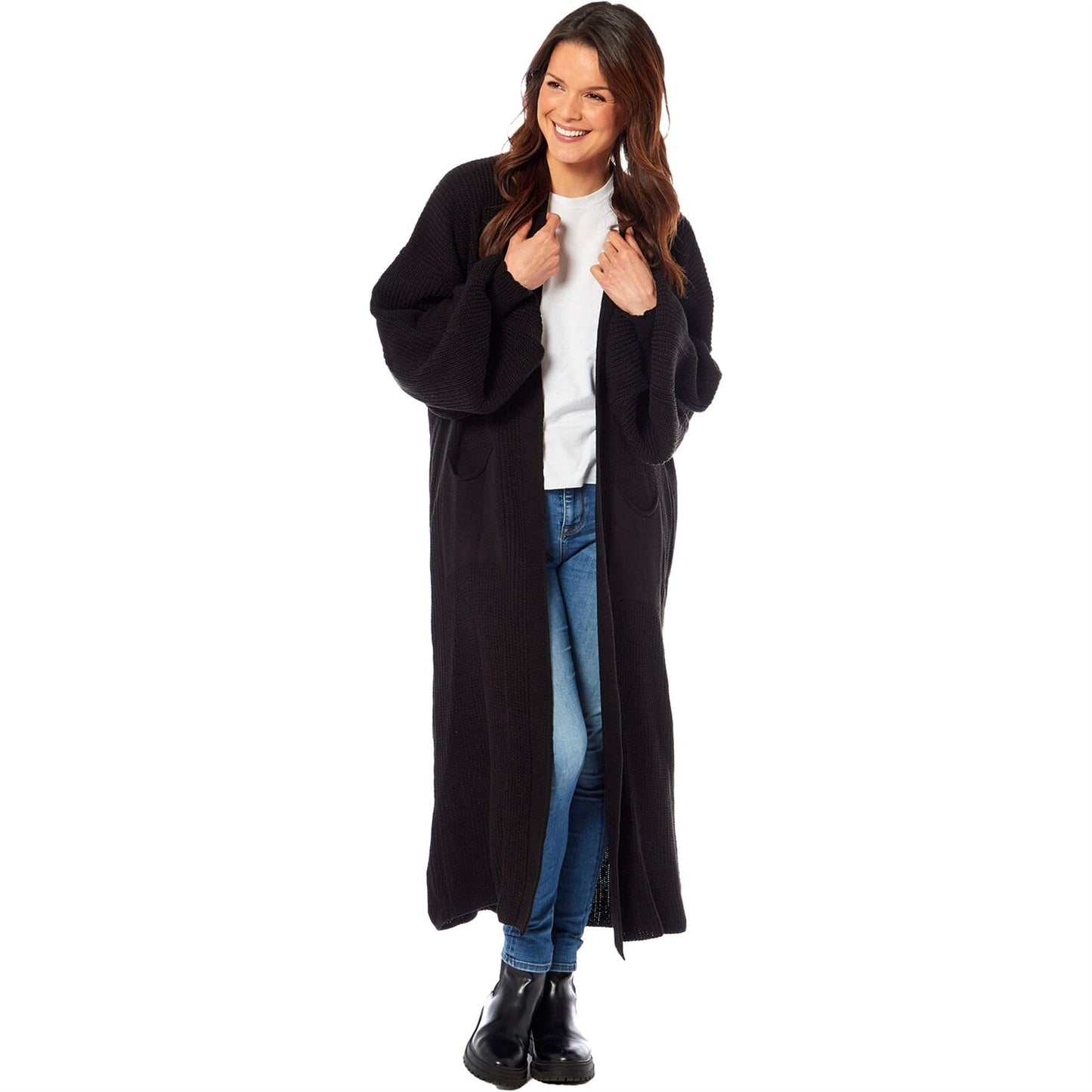 Oversized Long Cardigan Balloon Sleeve Chunky Rib Open Knit Pockets