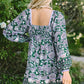 Green Floral Print Piping Trim Bubble Sleeve Square Neck Dress