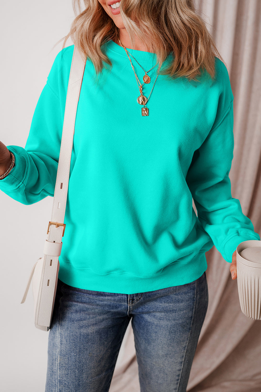 Russet Orange Solid Fleece Lined Drop Shoulder Terry Sweatshirt