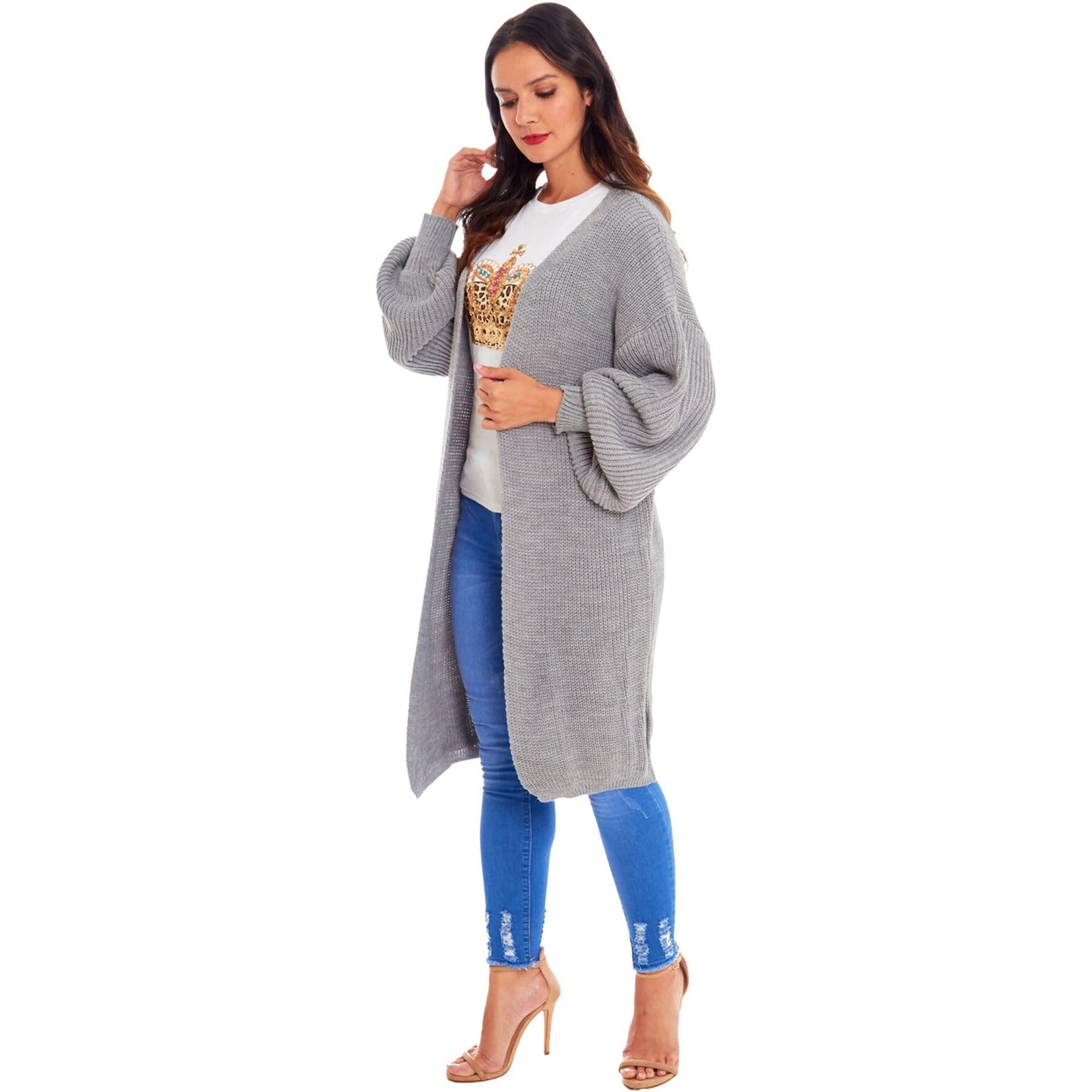 Oversized Long Cardigan Balloon Sleeve Chunky Rib Open Knit Pockets