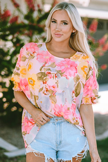 Pink Shirred Cuff 3/4 Sleeve Loose Fit Floral Blouse