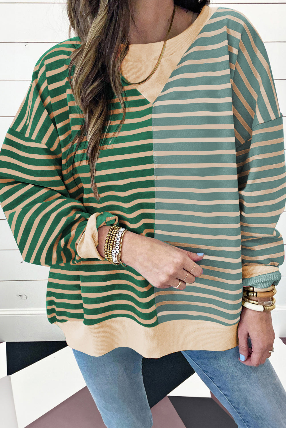 Brown Stripe Casual Stripe Colourblock Drop Shoulder Oversize Sweatshirt