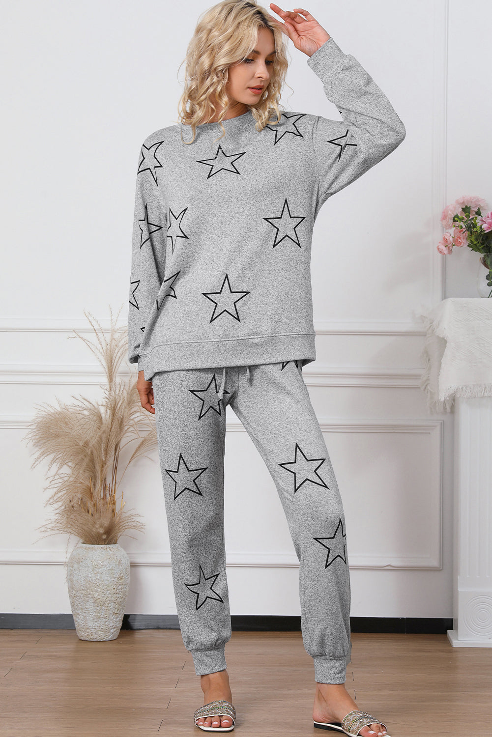 Grey Stars Print Long Sleeve Drawstring High Waist Lounge Set