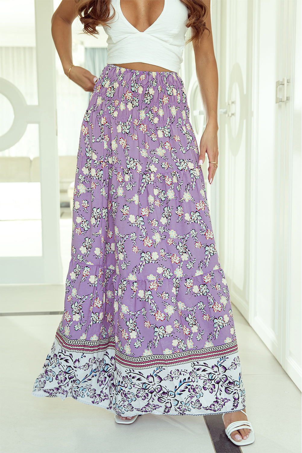 Purple Floral Print Shirred High Waist Maxi Skirt