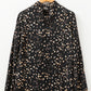 Black Leopard Print Lantern Sleeve Mock Neck Pleated Blouse