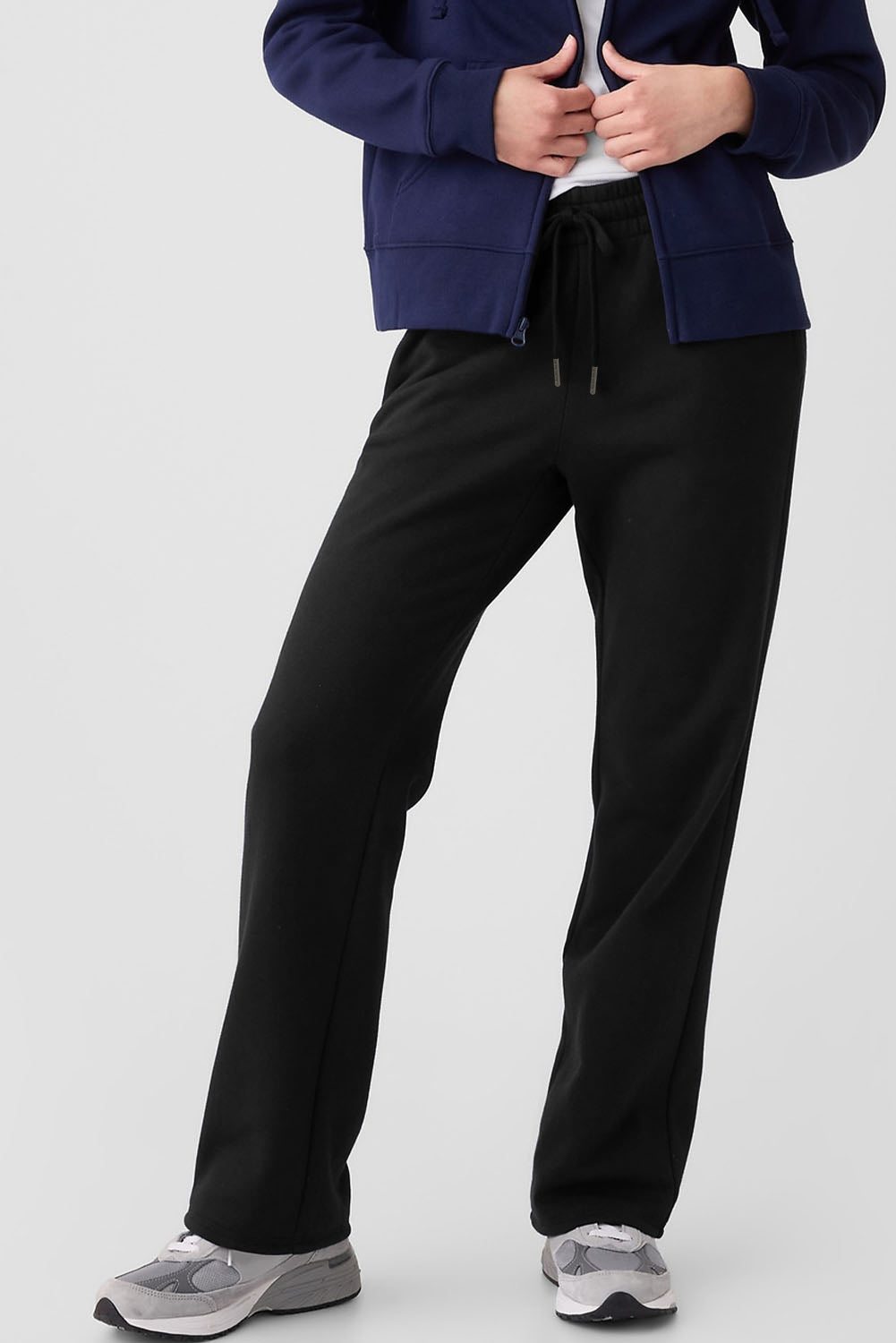 Navy Blue Solid Colour Fleece Lined Drawstring Waist Casual Trousers