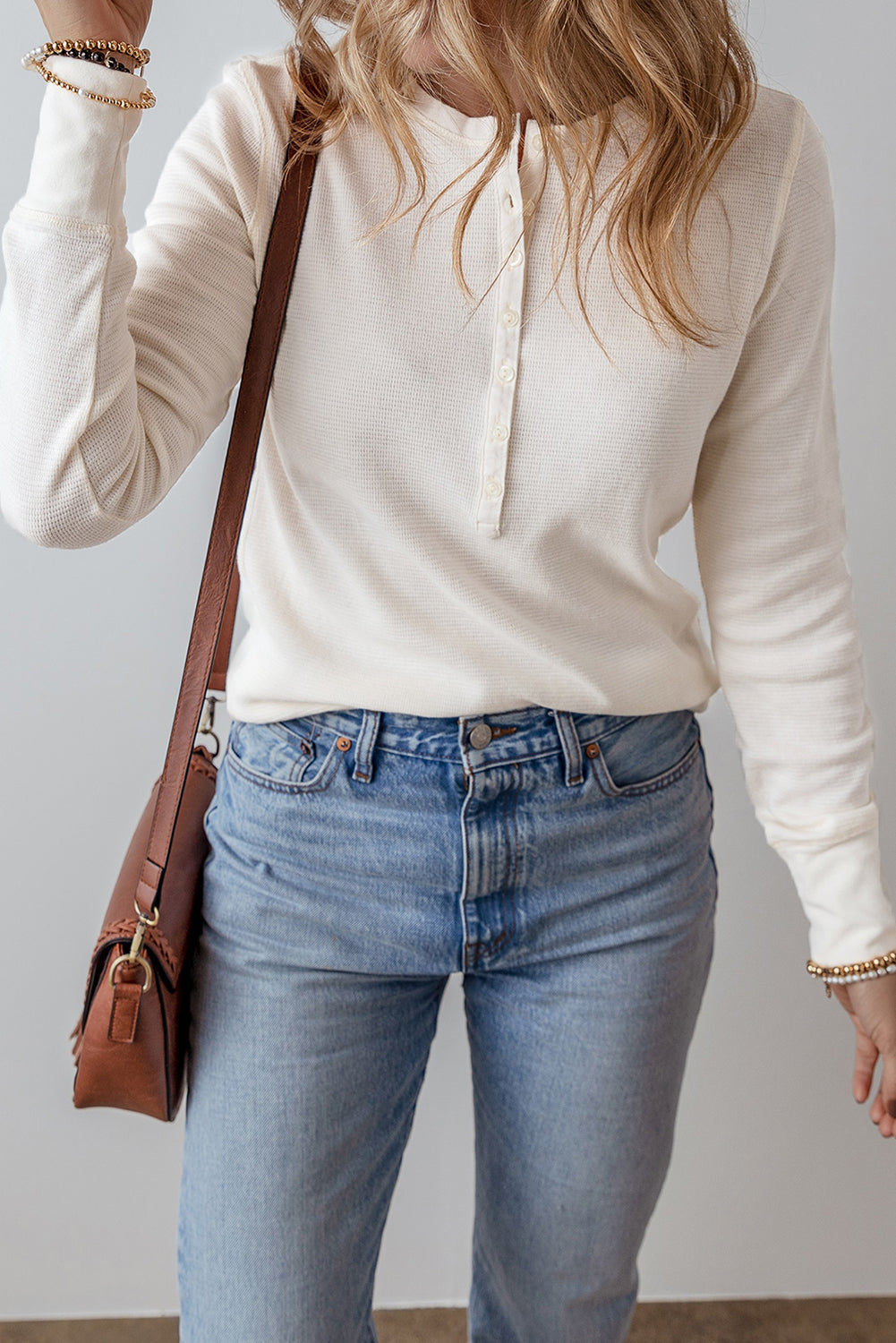 White Solid Colour Waffle Half Button Long Sleeve Top