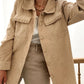 Light French Beige Solid Frilled Flap Pocket Button Up Corduroy Shacket