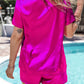 Bright Pink Satin V Neck Tee and Drawstring Shorts Set