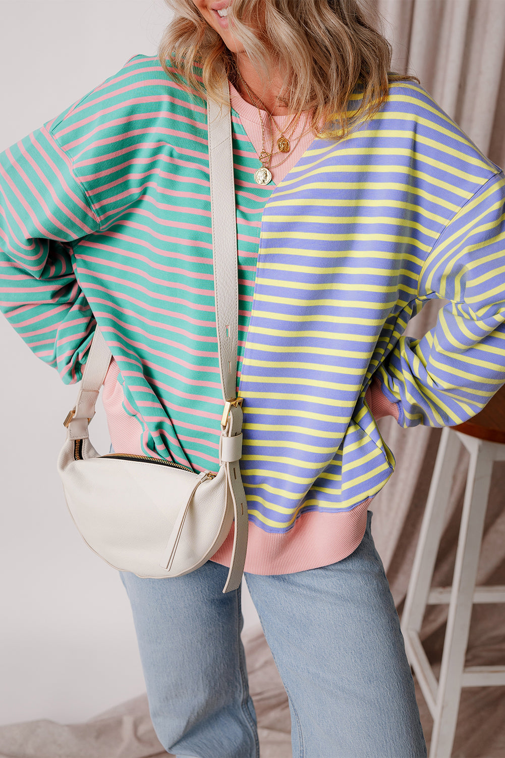 Brown Stripe Casual Stripe Colourblock Drop Shoulder Oversize Sweatshirt - BB Fashion Outlet