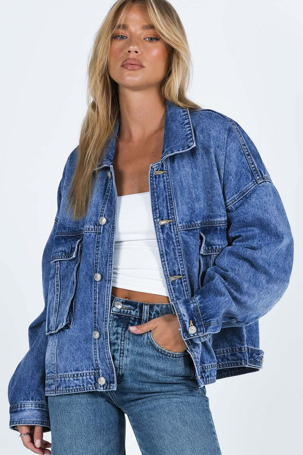 Blue Chest Pockets Drop Shoulder Loose Denim Jacket