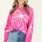 Bright Pink Corded Flower Bow Ribbed Trim Casual Sweater