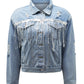 Sky Blue Sequin Embellished Fringe Distressed Denim Jacket